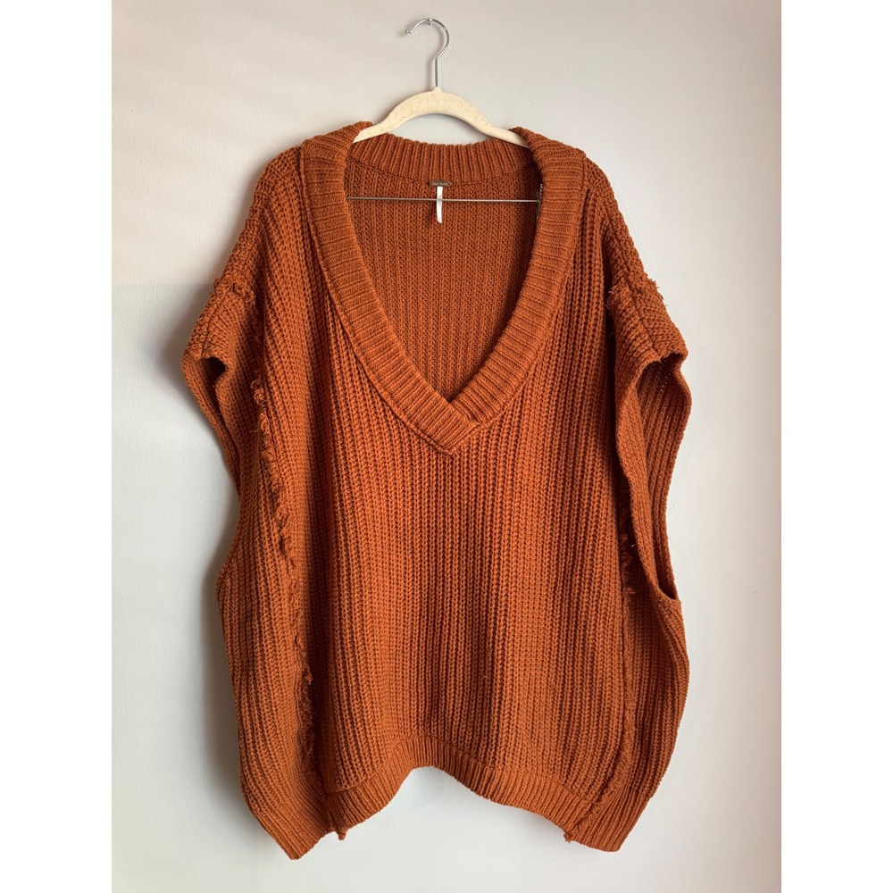 Free People Womens V-Neck Knit Sweater Vest Rust Orange M